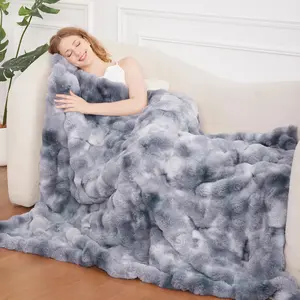 Soft Faux Fur Throw Blanket 50"x60", Plush Thick Bubble Textured Blanket for Couch Bed, Cozy Fuzzy Luxury Room Decor & Warm Gifts for Men, Tie-dye Grey Blue