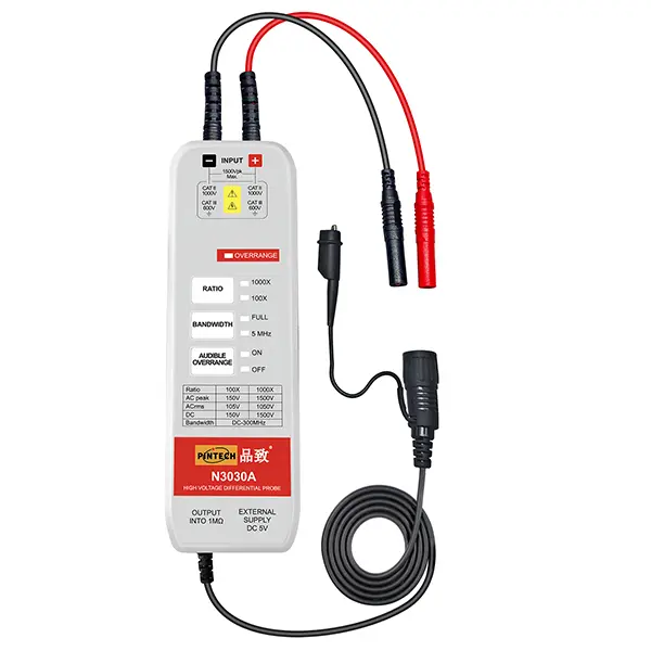 PINTECH High Voltage Differential Oscilloscope Probe N3030A - 300MHz Bandwidth, Switchable Attn., 1000X: 3000Vp-p, 100X: 150V, 1.2ns Rise Time, 175.9x56.8x24 mm Dimensions, 1000X/100X Attenuation