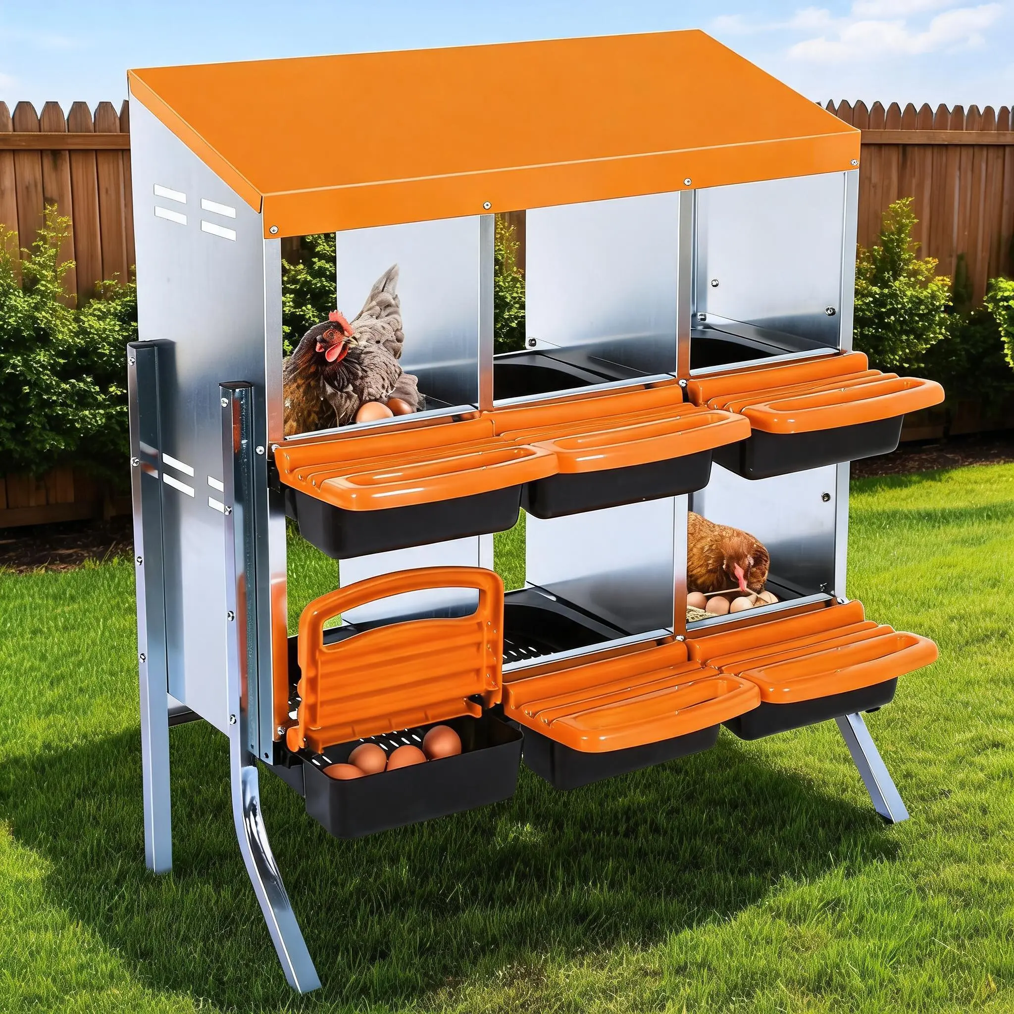 Metal Chicken Nesting Box for Chicken Coop – 6/8/10 Compartments, Galvanized Roll Away Design, Lid Cover, Cleanable Pull-Out Roosts, Blue or Orange