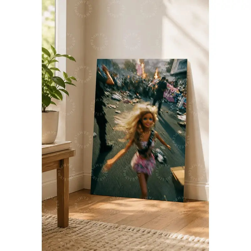 Surreal Blonde Fashion Doll Running Through Chaos Canvas Wall Art, Pink Cinematic Aesthetic Poster, Bedroom Wall Art, Living Room Decor, Teen Room Decor, Office Wall Art, Bold Eclectic Gift