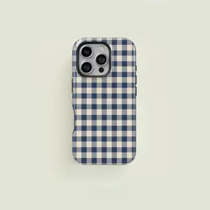 Navy & Cream Mini Gingham Trendy Protective Phone Case Compatible with iPhone 11-17 Series & Samsung Galaxy S21-S26