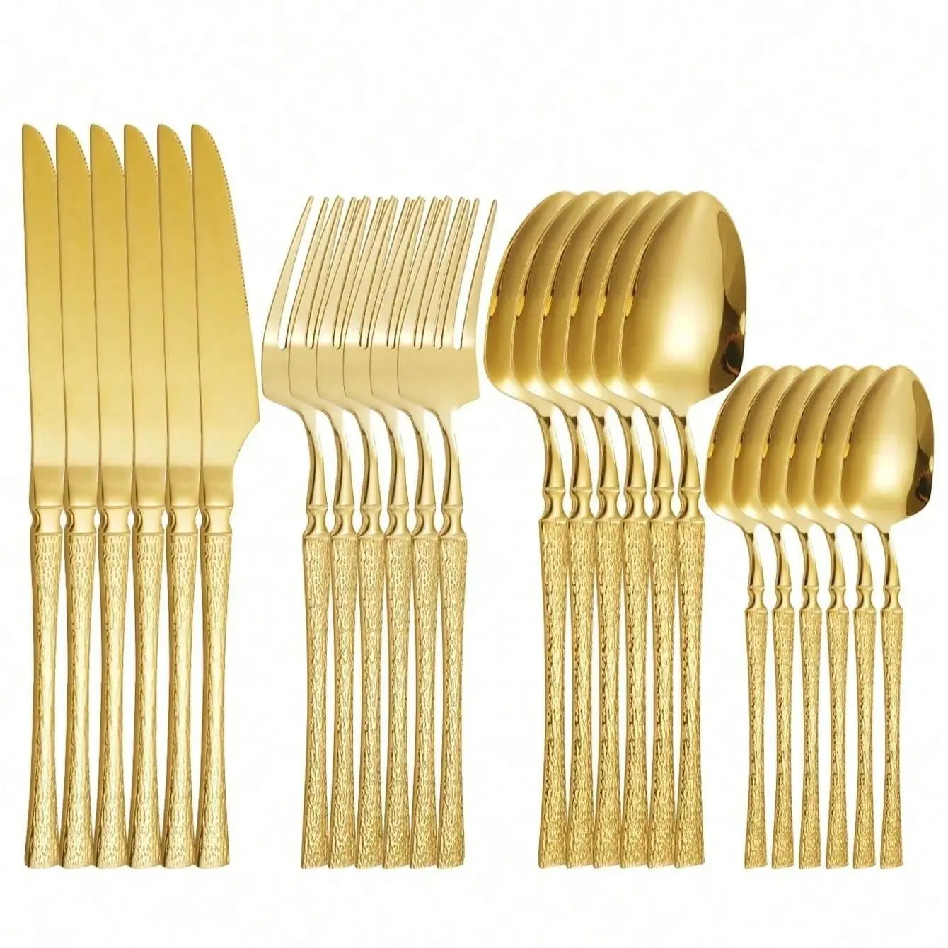 Tableware Set,24pcs Stainless Steel Golden Waist Knife Fork And Spoon Set，Hammered Silverware Set Hand  Gold Cutlery Handle Mirror Water Flow Pattern Home Event Use Wedding Housewarming Gift