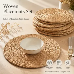 Set Of 6 Round Natural Hand Woven Water Hyacinth Placemats, Heat Resistant Non Slip Table Mats, Rustic Farmhouse Table Decor For Home Dining Wedding Holiday Banquet Table Protection
