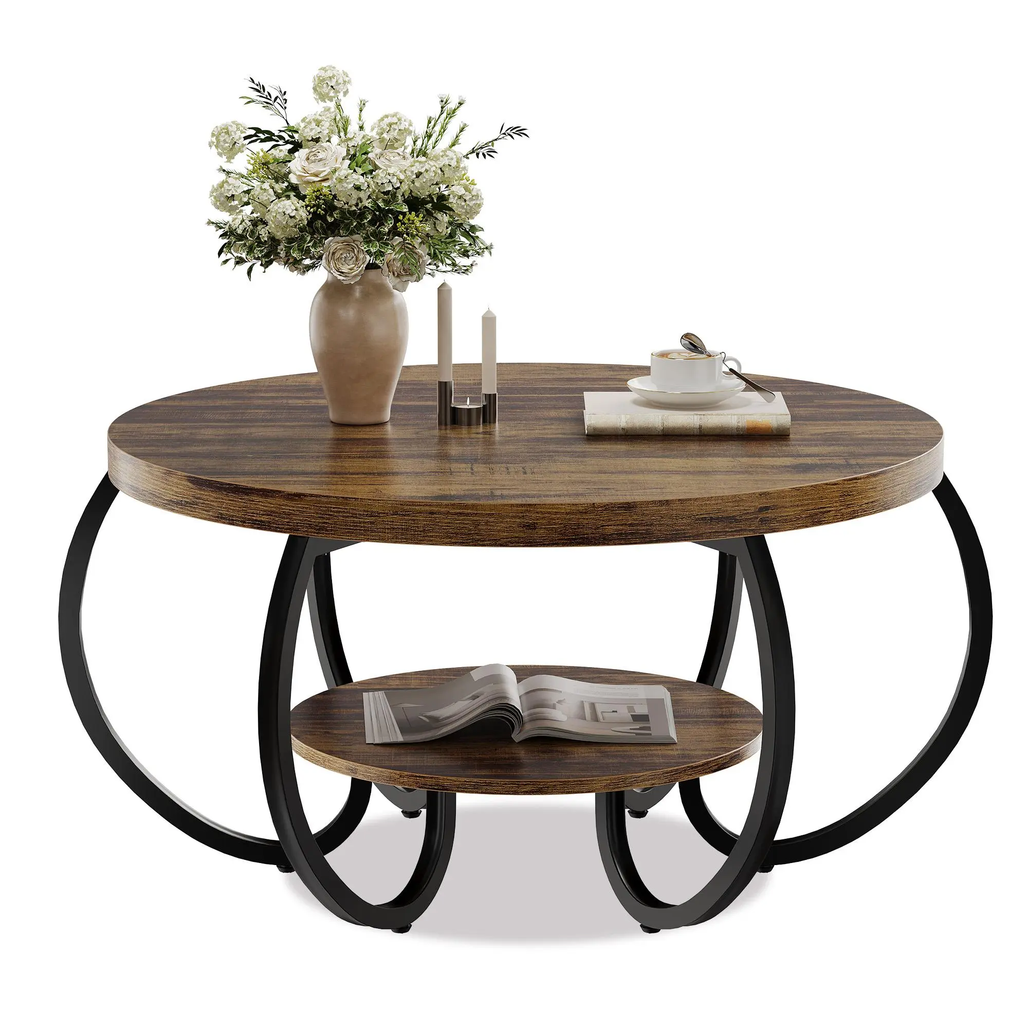 1pc Modern Industrial 30" Diameter Round Coffee Table - 2-Tier Wood & Iron Living Room Center Table with Metal Legs, Open Shelf, Adjustable Feet, Stylish Accent Furniture