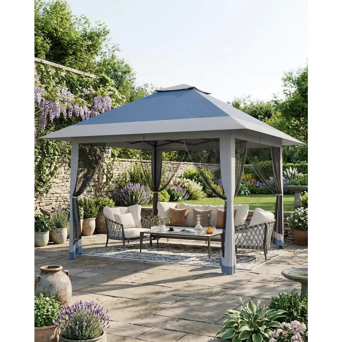 Heavy Duty 13x13Ft Outdoor Canopy, Pop-Up Gazebo with Mosquito Netting, Double Roof for Waterproof and UV Protection, Ideal for Yard, Lawn and Patio