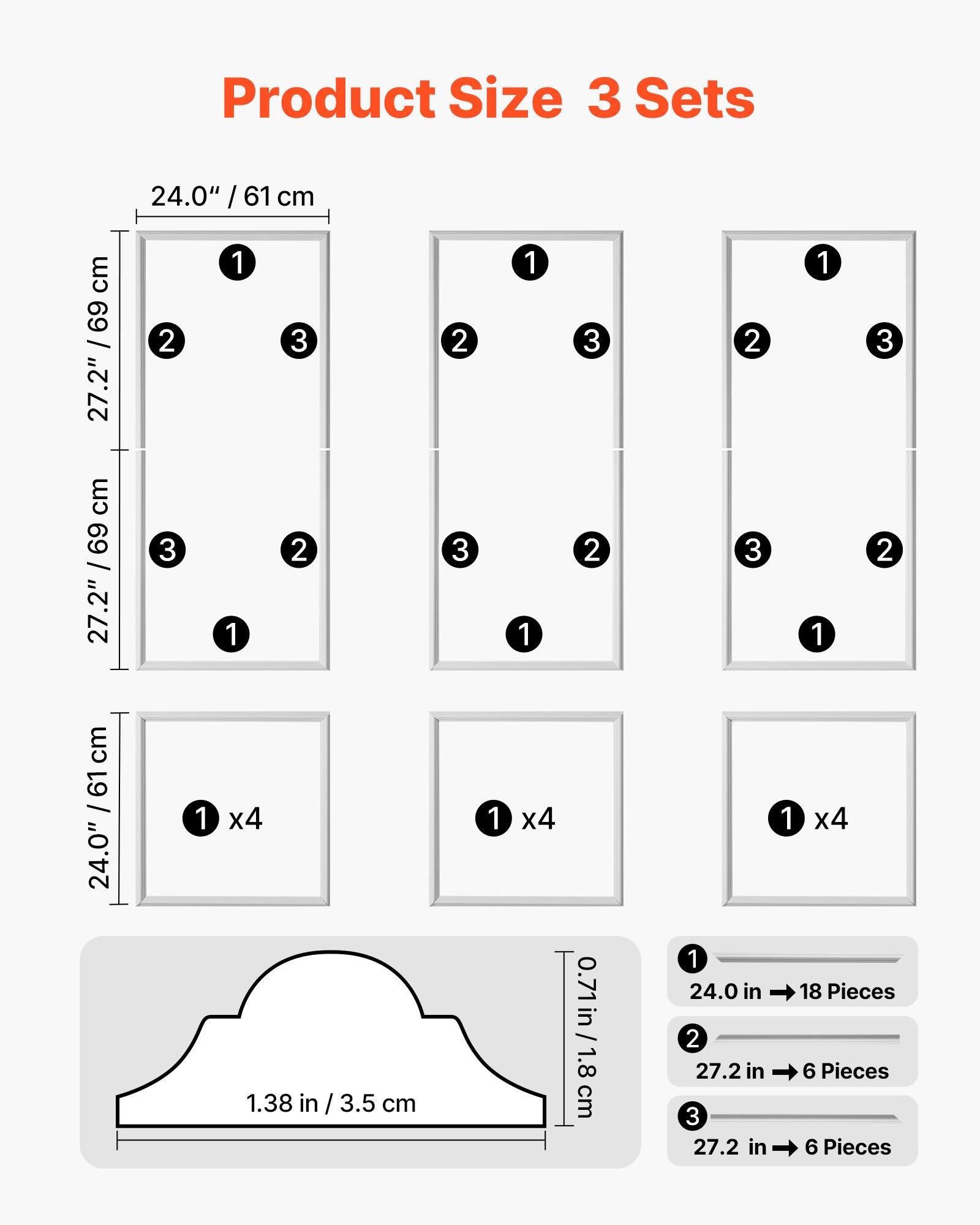 VEVOR Wall Molding 3 Pack, Wainscoting Panels Kit, Lightweight Paintable Polystyrene, Easy to Install, Waterproof Accent Wide Profile Trim for Interior Living Room, Bedroom,White (24x54 + 24x24 in)