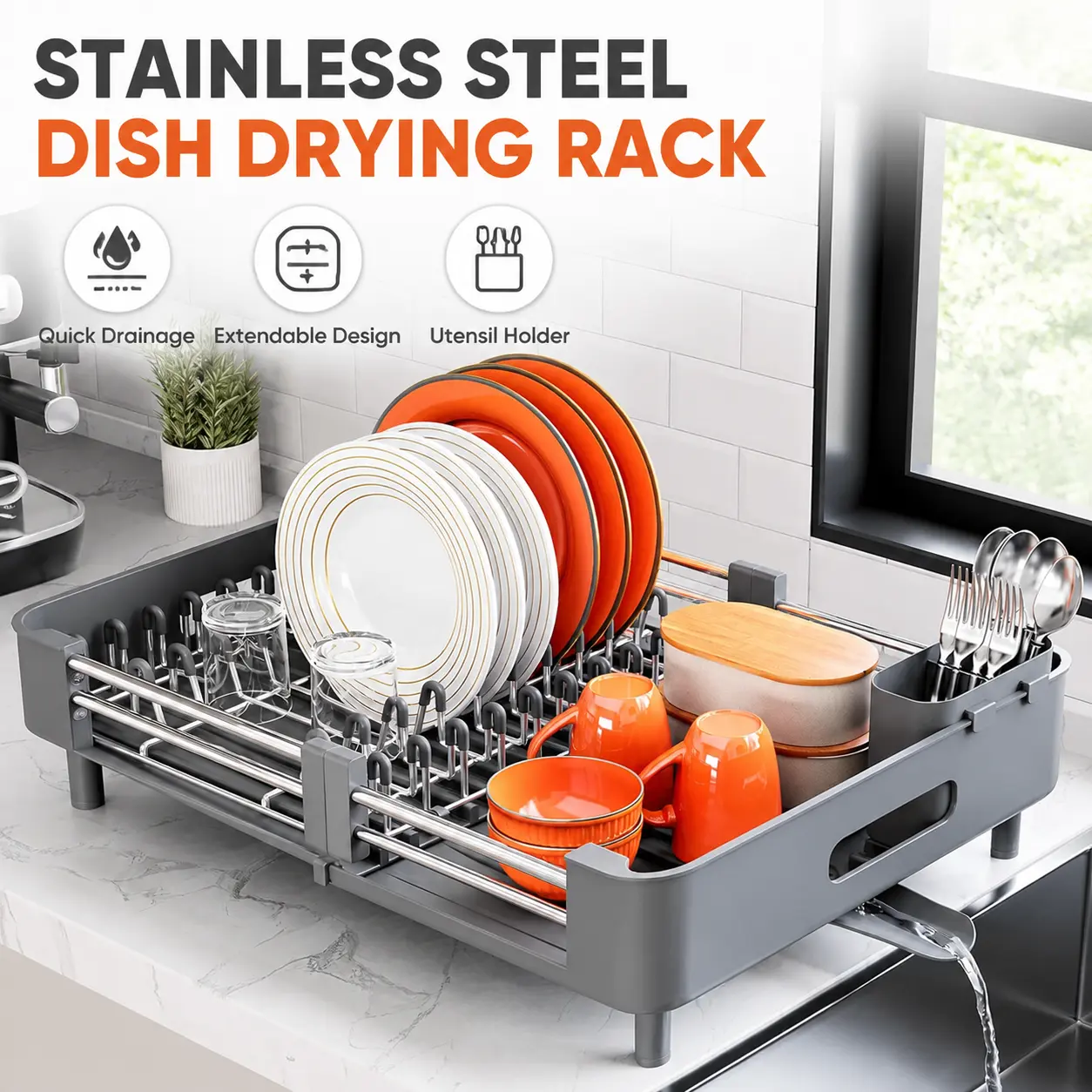Gray Stainless Steel Dish Drying Rack with Extendable Foldable Drainboard, Cup and Bowl Organizer, Knife and Utensil Holder for Kitchen Counter Storage Organization