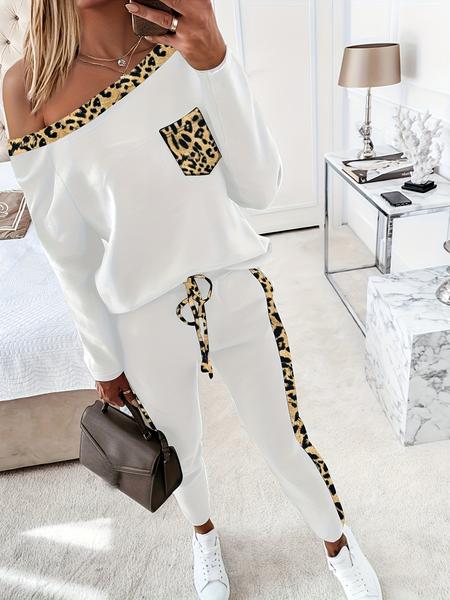 A 2-piece set of women's fashionable slanted shoulder collar leopard print long sleeved shirt and lace up pants, suitable for daily versatile occasions and home sports wear