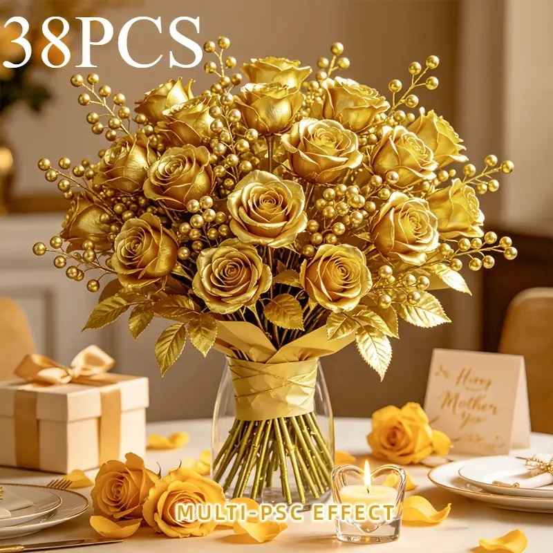 38pcs High-Quality Artificial Rose Berry Bouquet Set, Realistic Fake Roses for Home Decor, Wedding, Parties, Events