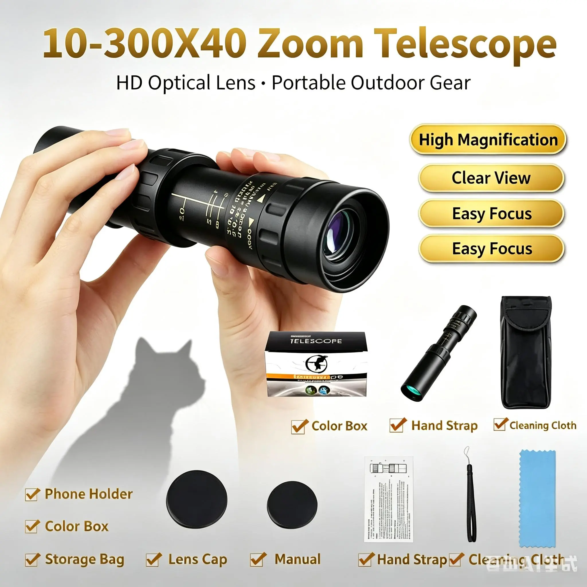 Portable 10-300x40mm Zoom Telescopes for Adults, Compact & Retractable Outdoor Telescope for Camping, Hiking, Hunting, and Wildlife Observation Travel Accessory High Power Binoculars Telescopic