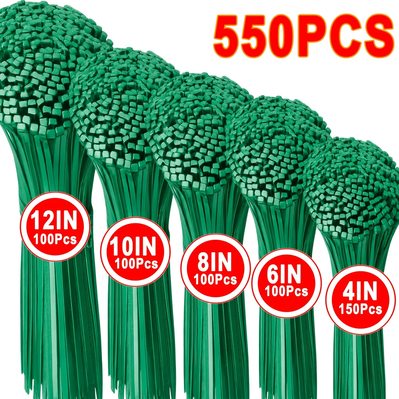 Heavy-Duty Nylon Self-Locking Non-Slip 550 Cable Ties, Multi-Lengths (4/6/8/10/12 inches) for Gardeners, Cable Management, Outdoor Bundling