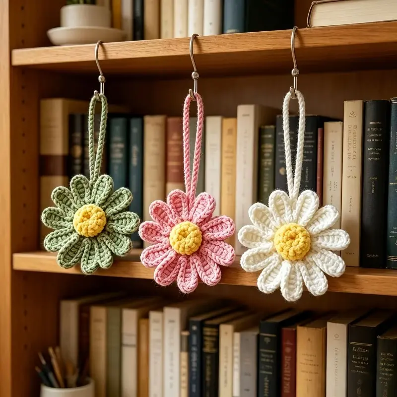 Handmade crochet daisy pendant in three colors, optional keychain, bag decoration, car rearview mirror decoration