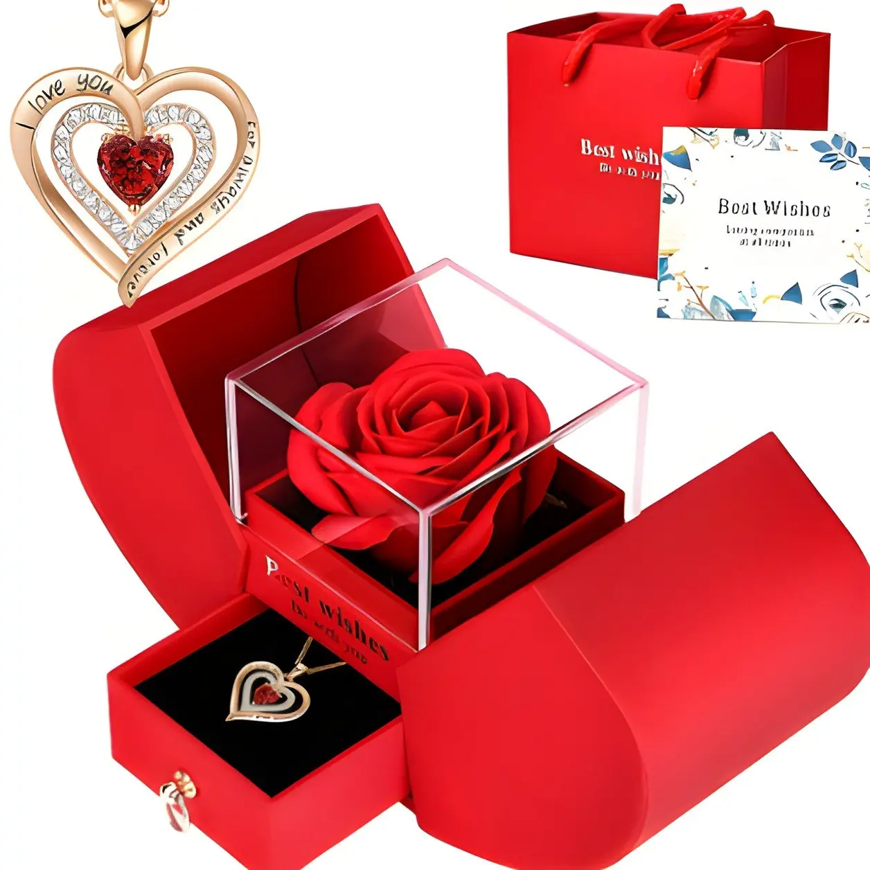 Romantic Rose Gift Box Set with 'I Love You' Heart-Shaped Necklace, Exquisite Affection Jewelry Gift Best Wishes for Mom, Wife or Girlfriend, Birthday Present