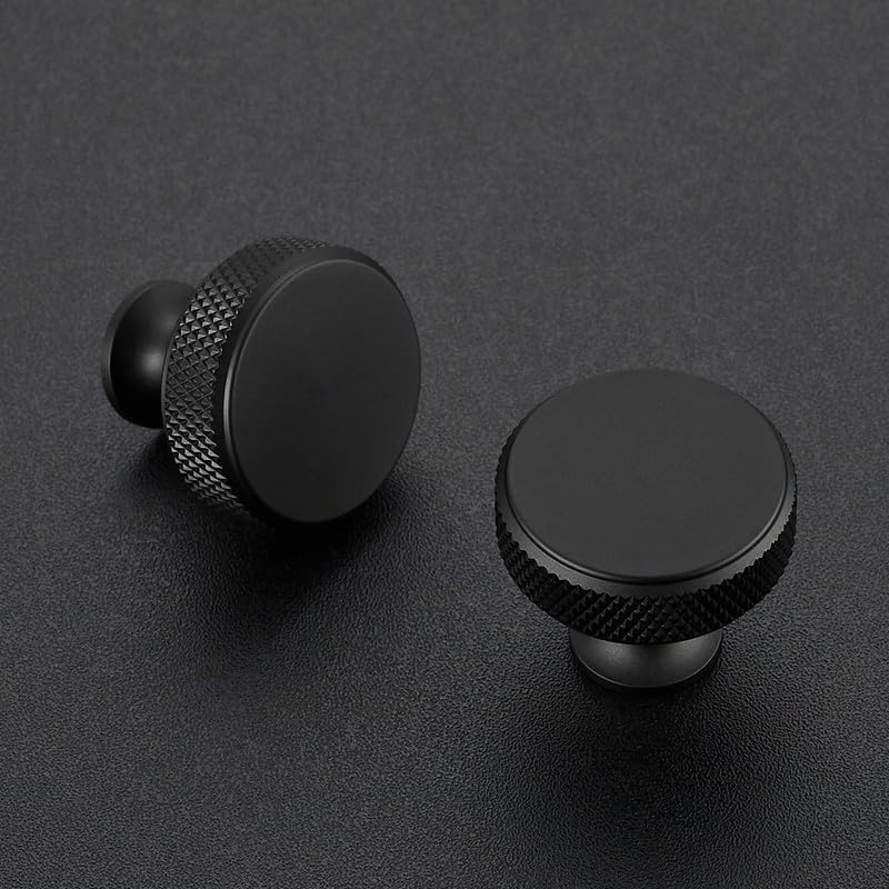 25 Pack Round Matte Black Knobs Knurled Single Hole Pulls Solid Black Kitchen Cabinet Hardware Handles for Drawers