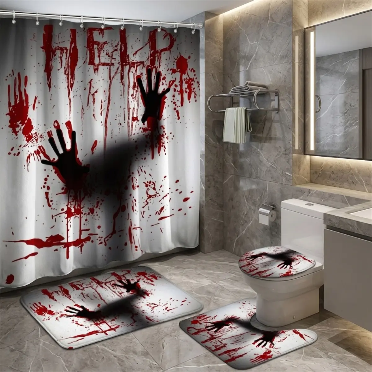 4pcs Halloween Horror Blood Handprint Shower Curtain Set, Spooky Haunted Bathroom Decor, Bloody Scream Ghost Print, TikTok Shop Trending Halloween Home Accent