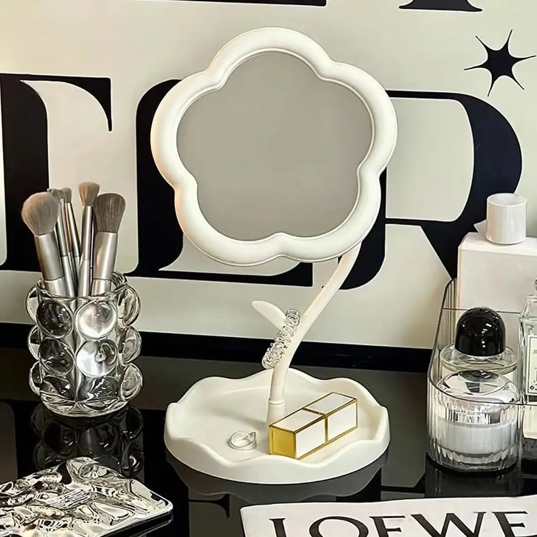 Flower-Shaped Makeup Mirror for Desk  Mirror for Bedroom,Living Room and Minimal Spaces Room Decor  Decorations (White) | Cute Desk Accessories, Desk Decor ,for Bedroom,Living Room and Minimal Spaces Room Decor  Decorations