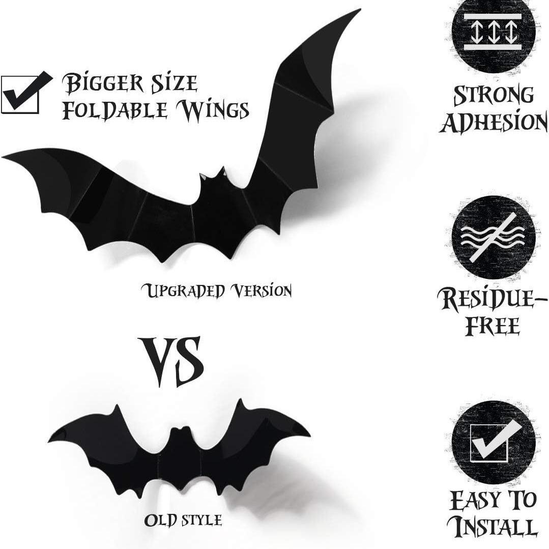 Bat Shaped Wall Sticker, 60pcs/set 3D Bat Wall Decal, Halloween Wall Art Decoration for Home Living Room Bedroom Hotel School