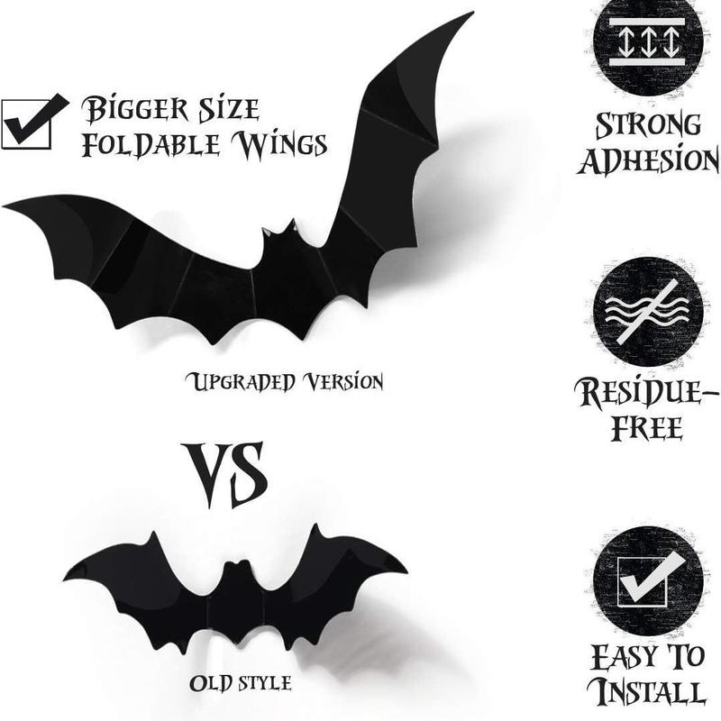 Bat Shaped Wall Sticker, 60pcs/set 3D Bat Wall Decal, Halloween Wall Art Decoration for Home Living Room Bedroom Hotel School