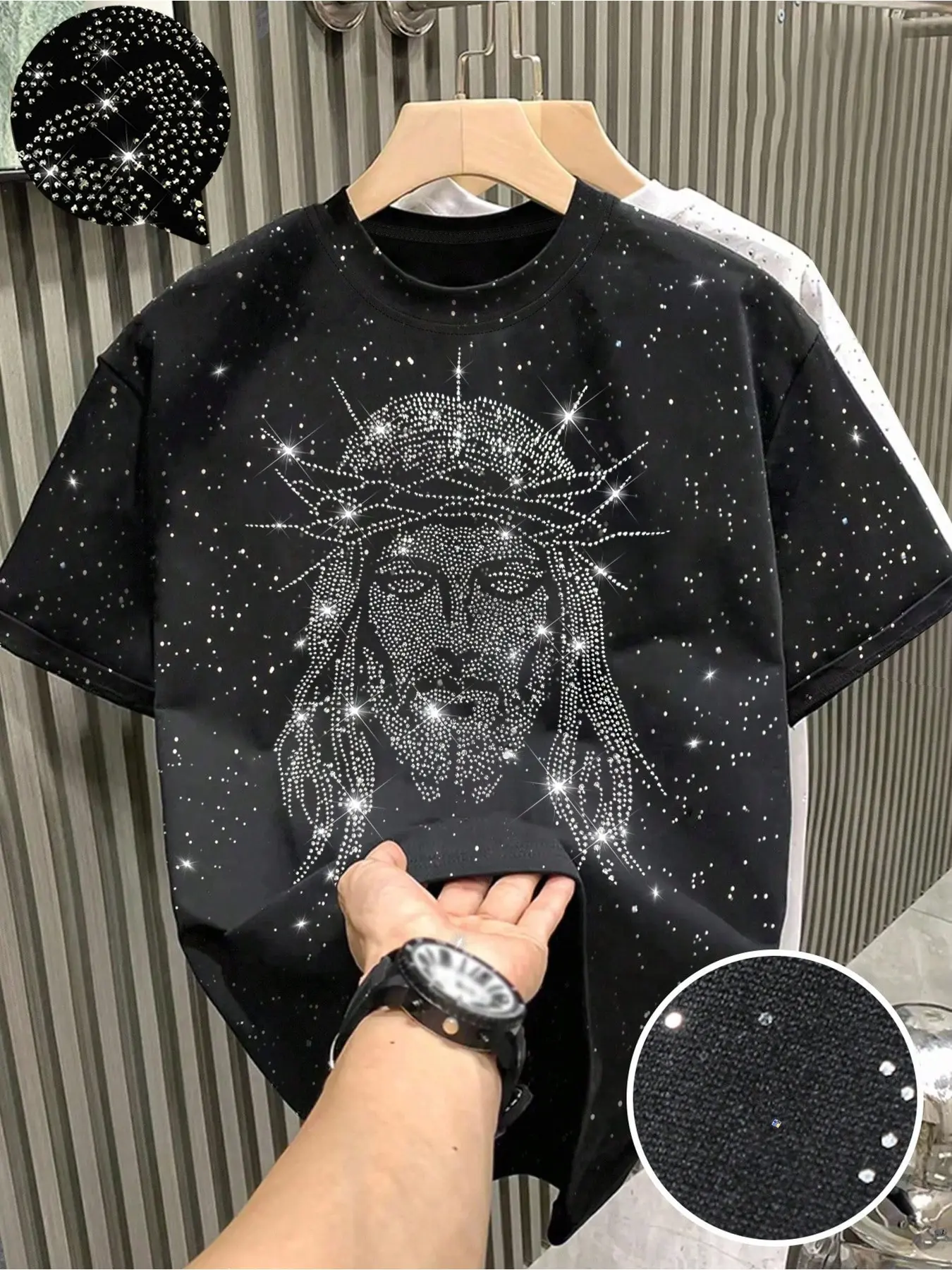 Men's Casual Short Sleeve T-Shirt, Streetwear, Jesus Portrait Print, Sparkling Silver Color Fabric, Comfortable Fitted Fit, All Seasons Wear