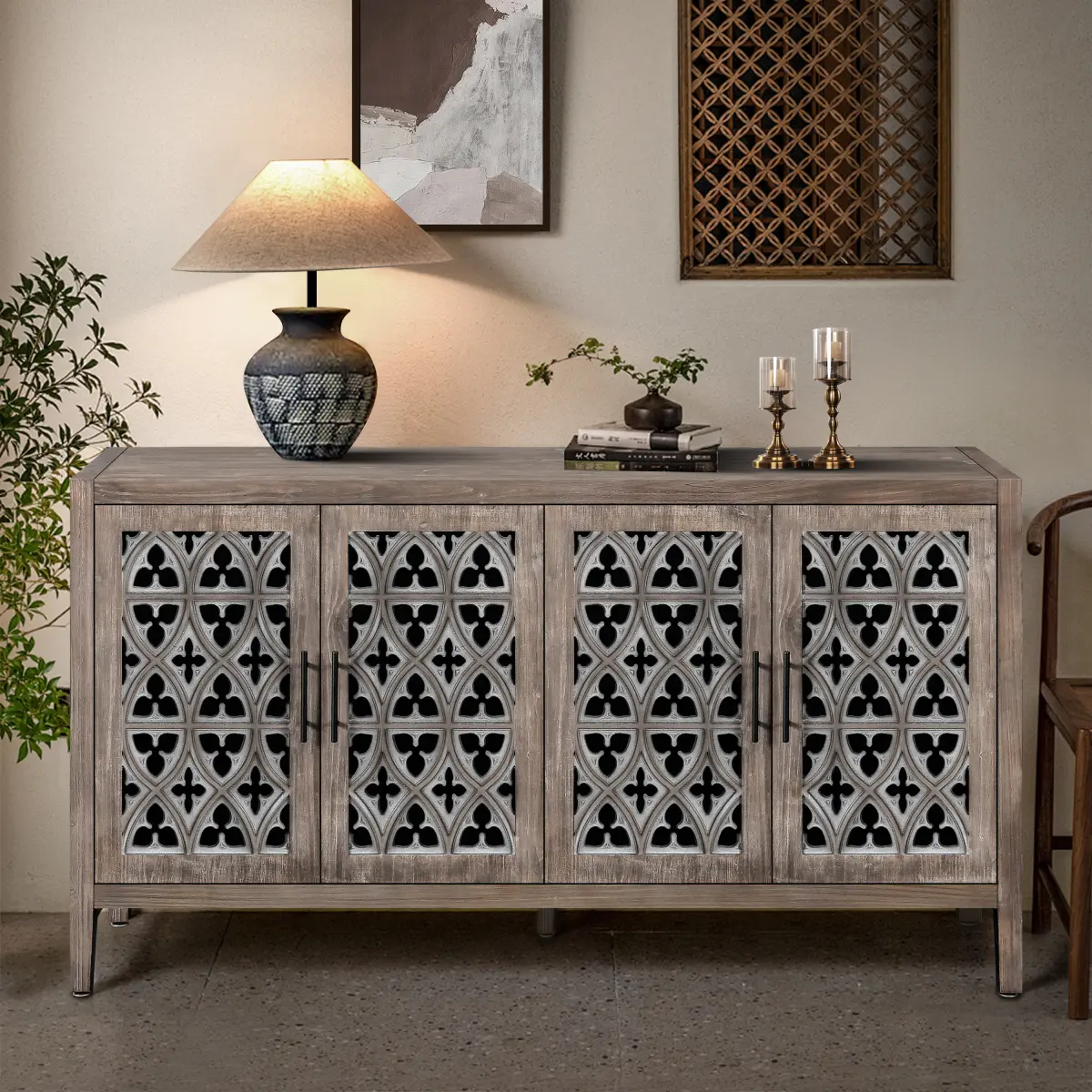 AobtkelHollow Four Door Antique Cabinet, American Country Style, Suitable for Living Room, TV Cabinet, Kitchen (Brown)   WL