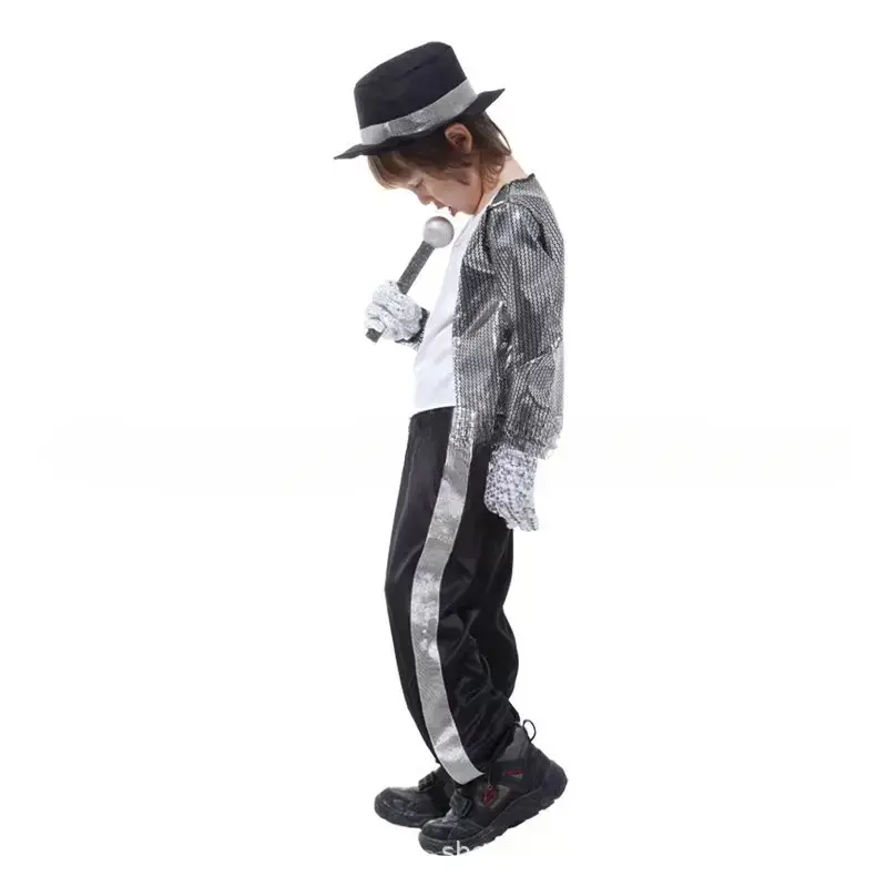Boys' 80s Michael Jackson Cosplay Outfit Set, Hip Hop Stage Wear with Matching Hat & Gloves, Colorblock Letter Design for Halloween Dress-Up Classic Character Costume