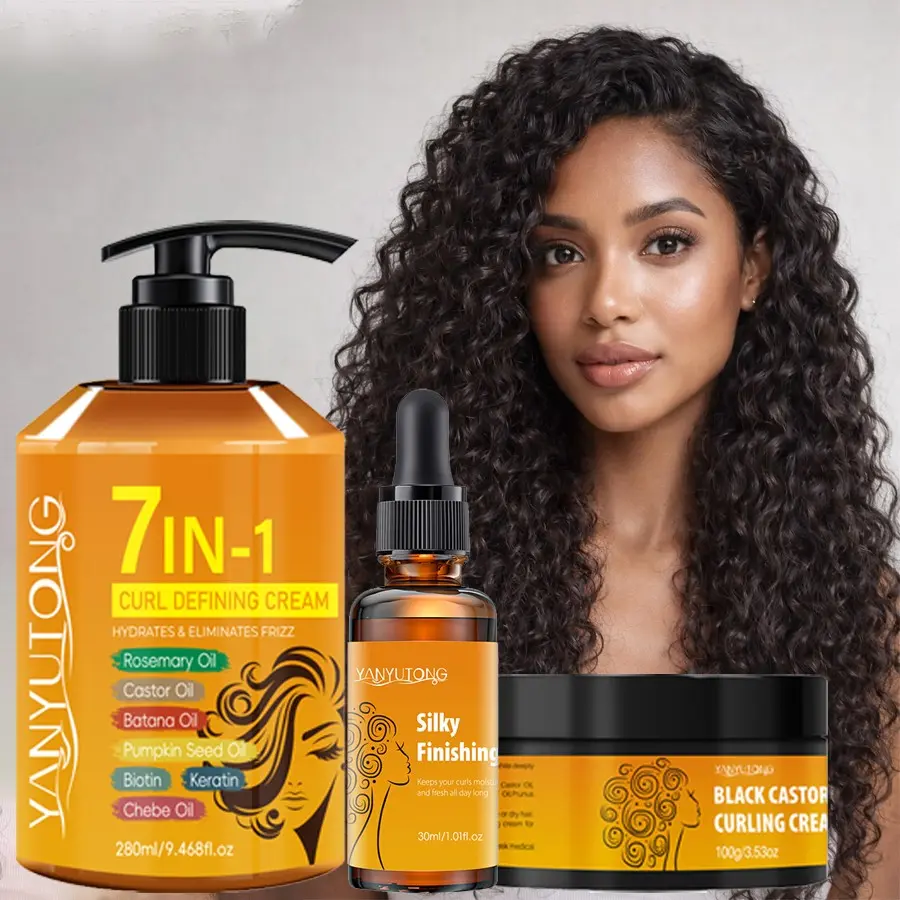 3 piece set Curling and styling care, including 280ml curly wet hair styling cream, 100g black castor oil dry hair styling cream, 30ml moisturizing essential oil, suitable for all hair types, suitable for both men and women, Shiny Curls
