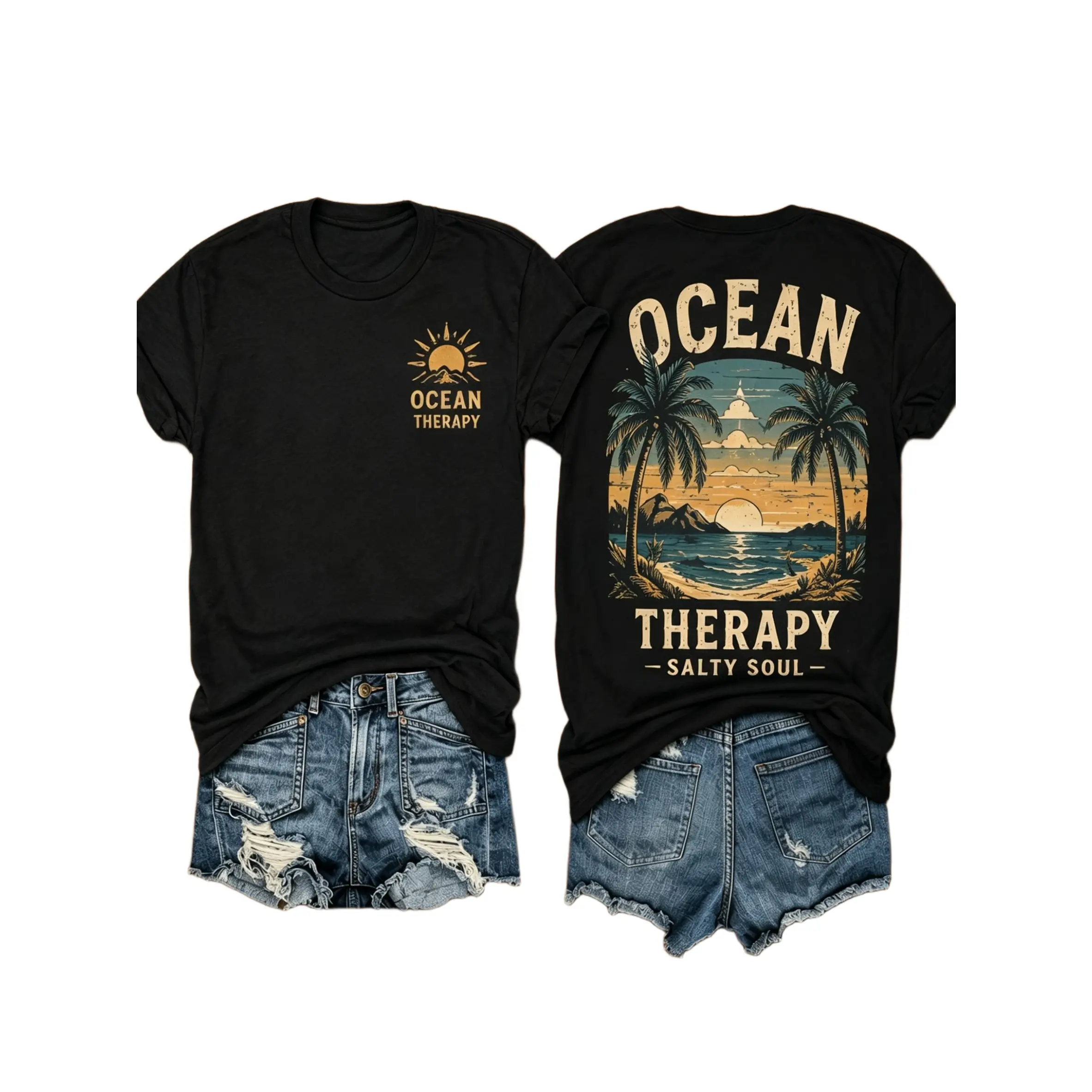 Women's Vintage Palm Tree, Sunset, and Ocean Relax Graphic Tee, Oversized Crew Neck Short Sleeve Streetwear Top for Summer Beach Vacations, Travel Photos, and Casual Wear