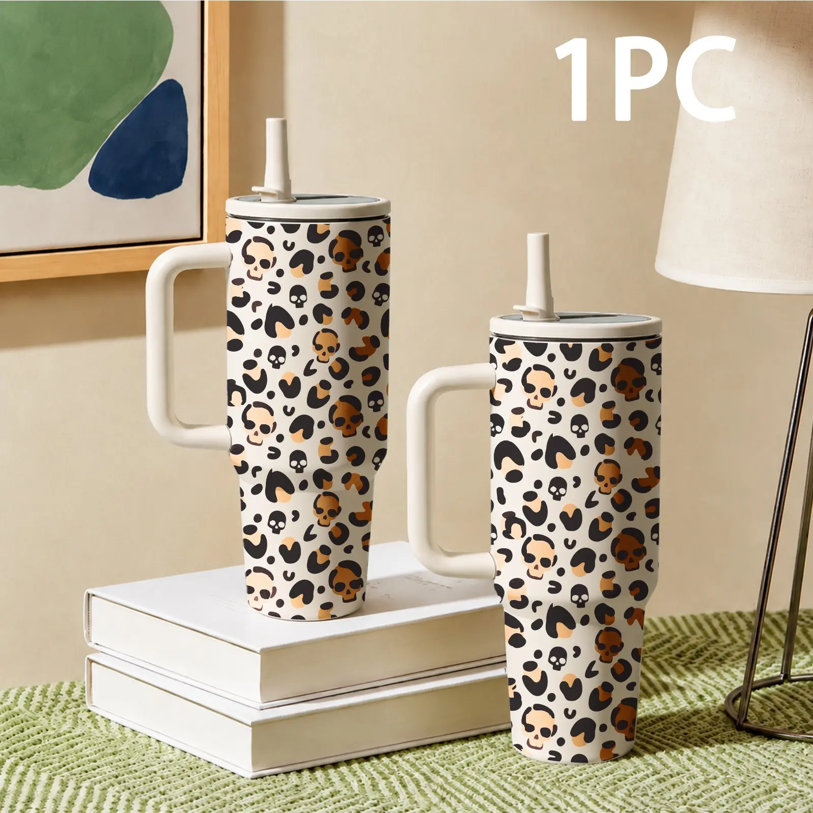 1PC Wild Leopard Print 40oz Tumbler with Handle and Straw, Cute Insulated Stainless Steel Cup for Women, Reusable Travel Coffee Mug, Large Capacity Water Bottle for Gym, Office, Road Trips & Everyday Hydration, Drinkware, Flasks