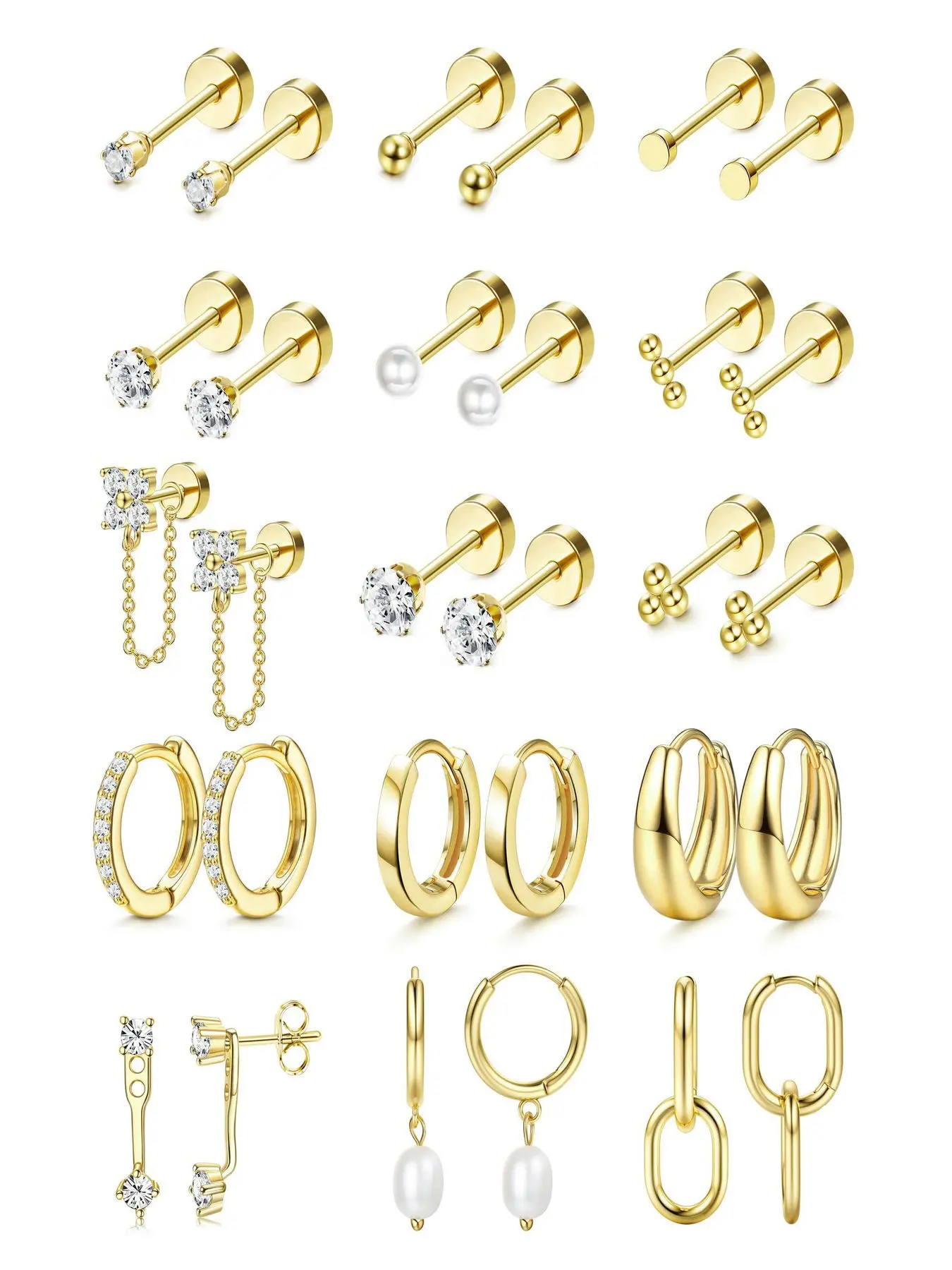 Jinxuan Women's Clip Earrings, Hypoallergenic Medical Steel, 20g Tragus Ear Cuffs, 14k Gold Plated, Elegant Style, All Seasons