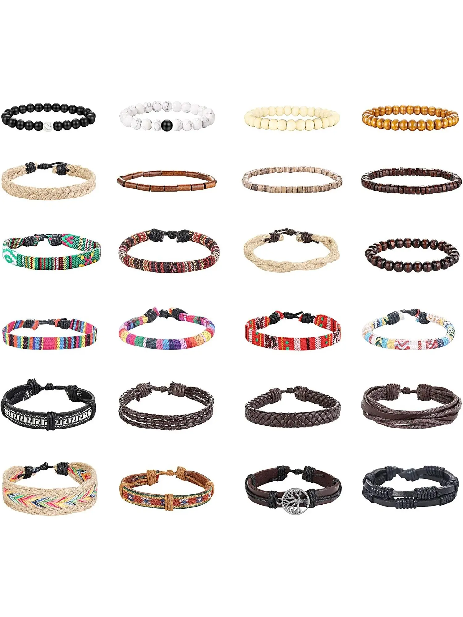 Retro 24 Pcs Brown Braided Leather Bracelet Set Wood Beads Leather Bands for Women Men Trendy Wristbands Ethnic Tribal Linen Hemp Cords Beads Wrap Bracelets String Handmade Jewelry Set