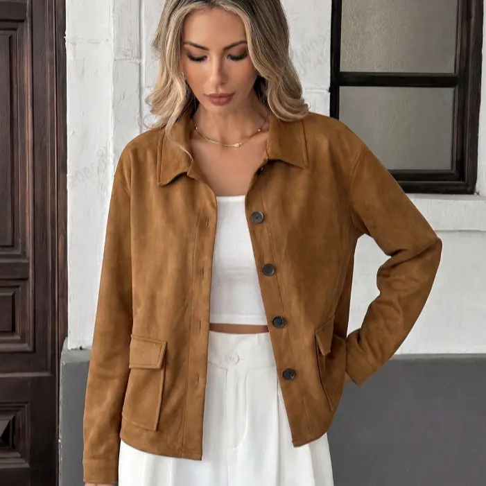 Ocean Style 2026 Women Coffee Blazer Jacket Lapel Single Breasted Pocket Design Long Sleeve Outerwear