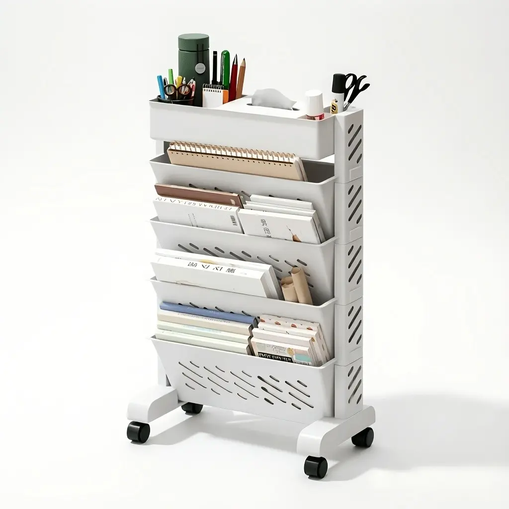 5-Layer Rolling File Sorting Cart, Ultra-Thin Mobile Book And Magazine Storage Rack with Wheels And Top Stationery Tray, Hollow Plastic File Paper Rack, Space-Saving Side Storage Rack for Offices, Homes, Classrooms, And Student Desks