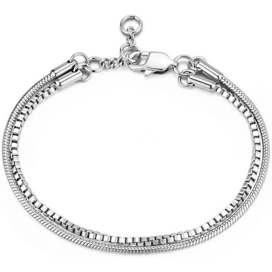 Double Layered  Bracelet for Men Stainless Steel Box Chain Snake Chain Dainty Stackable Bracelet for Him Adjustable Layered Link Bracelet for Mens Dad Father's Day