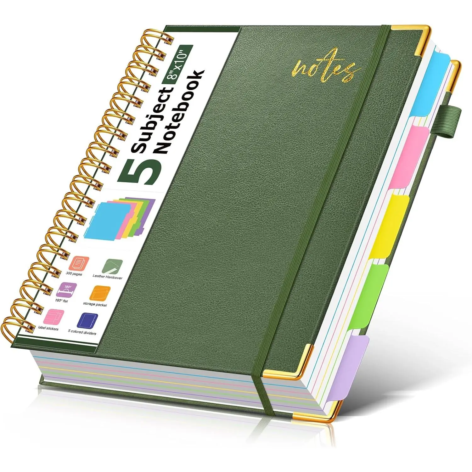 5 Subject Spiral Notebook Journal with Removable Dividers Tabs, 300 Pages Organizer Notebooks for Work School, 8"x10" Hardcover Leather Notebook College Ruled, Large Lined Journal for Women Men,Green