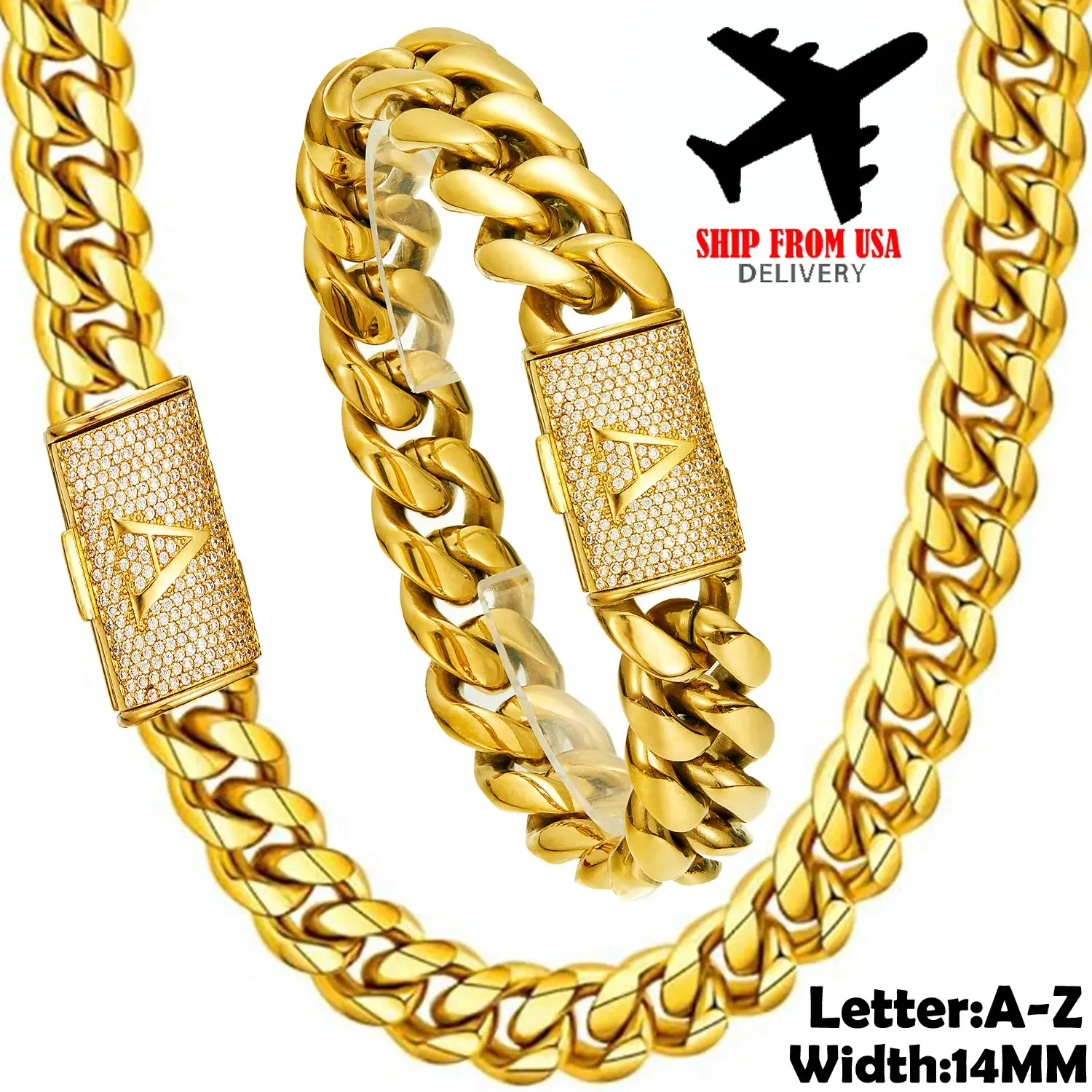 14MM Initial Letter A-Z Name Necklace Bracelet Set For Men Gift Stainless Steel Jewelry Miami Cuban Link Chain Hip Hop Style 18K Gold Plated