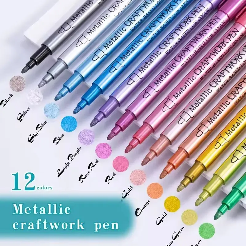 12 Colors Brush Metallic Paint Markers Pens, Ideal for Rock Painting, Stone, Ceramic, Wood, Fabric, Pebbles, Scrapbook, Journals, Photo Albums