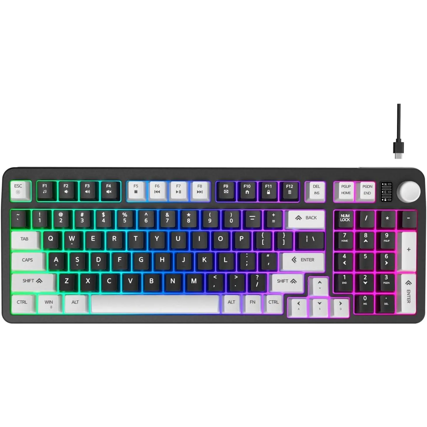 96% Wired Gaming Keyboard, Creamy Quiet Keyboard with Volume Knob | Membrane Silent Keyboard, 98  with Number Pad, Rainbow Backlit, USB-A to Type-C, for Windows PC Laptop - Black/Grey