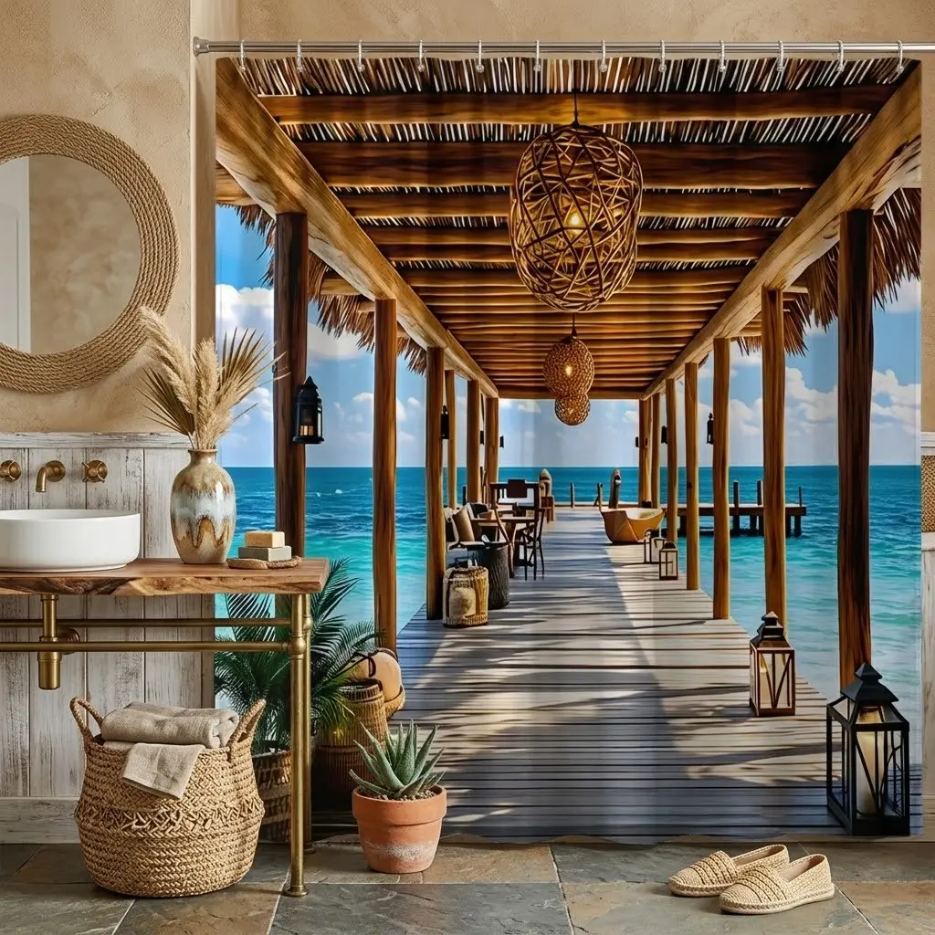 1pcs Tropical Ocean View Wooden Pier Tiki Pavilion Shower Curtain, Seaside Beach Corridor Rattan Lamp Coastal Scenery Bathroom Curtain, Relaxing Vacation Style Bath Decor For Summer Holiday