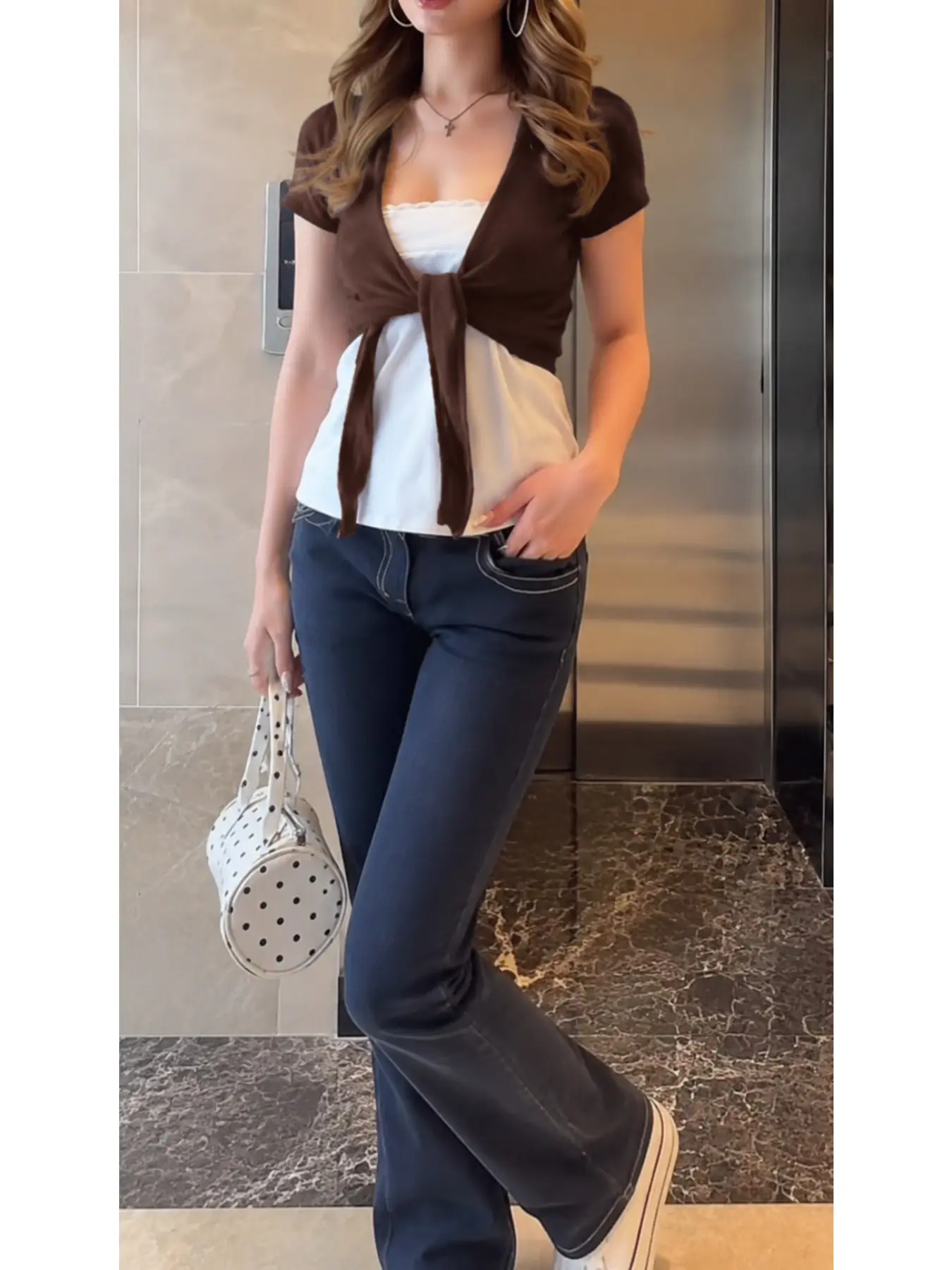 Women’s Front Tie Knit Crop Top, Long Sleeve Slim Fit Casual Sexy Going Out Sweater, Minimal Chic Y2K Aesthetic Streetwear Top, Cropped Knit Top