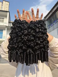 Feather Crochet Hair Extensions 18 Inch Burmese Curly Knotless Pre‑Separated Invisible Crochet Bundles 50g/pcs Lightweight Reusable Hair Extensions for Women Natural Black Human Hair