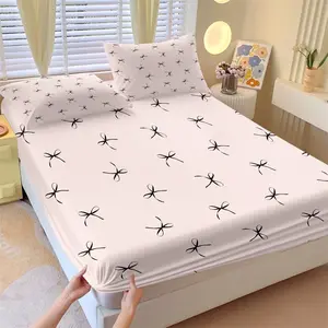 3PCS Minimal Thin Black Bow Light Pink Print Fitted Sheet Set (1 Fitted Sheet + 2 Pillowcases, No Pillows Included),Soft Breathable Fabric,Deep Pocket Anti-Slip Design,All Season Easy Care,HD Digital Printing,Sweet Girl Bedroom Decor Gift