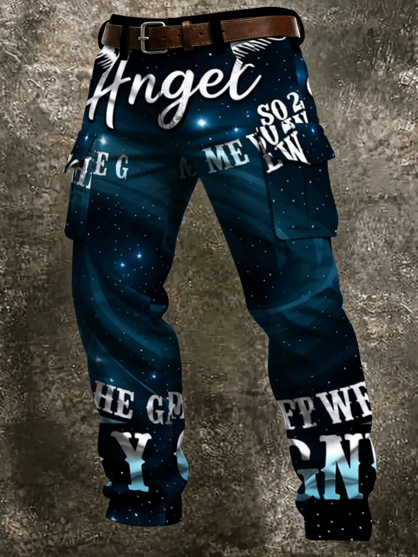 Starry Letter Trendy Cargo Pants, Side Pockets, Starry Sky Print, Quiet Blue Galaxy Atmosphere, Streetwear Casual Long Trousers