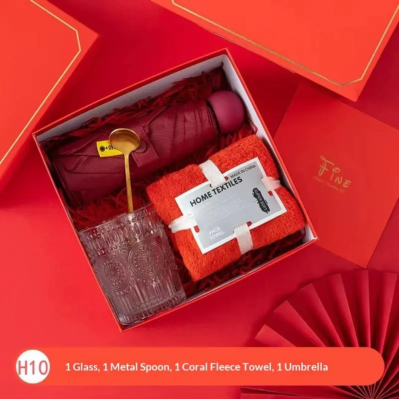 1set Red Gift - Glass/Towel/Umbrella/Fan/Insulated Cup/Notebook Set, Including Gift Bag - Practical Gift for Friends/Employees/Customers - Birthday/Festival Gift