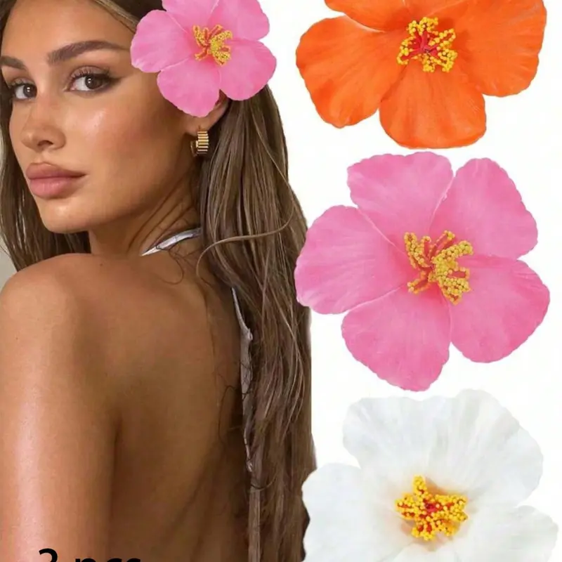 3Pcs Hawaiian Flower Hair Accessory Set, Cute Floral Clips for Beach Party Dance, Hair Decor for Women, Tropical Hair Accessories