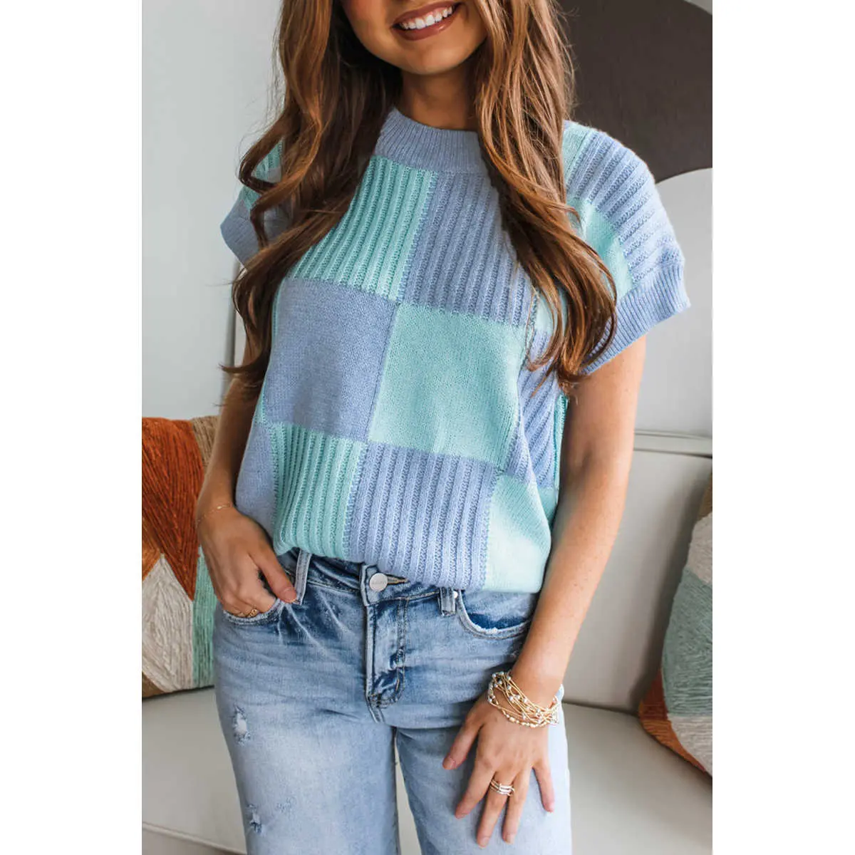 Women's Trendy Light Checkered Color-Block Short-Sleeve Knit Sweater - Crew Neck, Modest Basic Relaxed-Casual Summer Knitwear Top, Trend, Shortsleeve, Comfortable