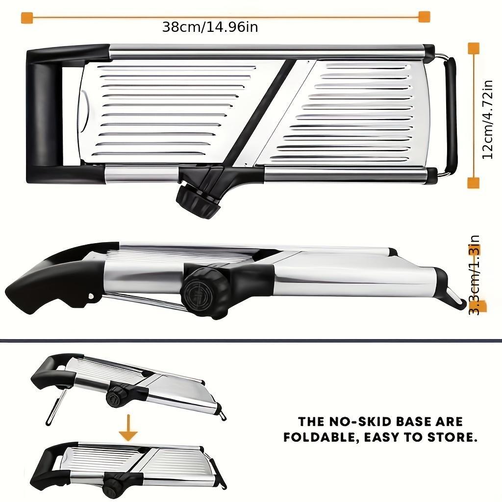 A Stainless Steel Vegetable And French Fry Slicer with Five Adjustable Blade Sizes, a Professional Mandoline Slicer, And an Onion Grater for Kitchen Additions