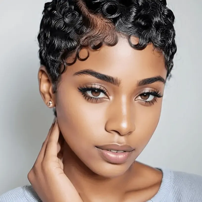 Curly Wave Pixie Cut Human Hair Wig for Women Full Machine Made Wig 150% Density 6 Inch