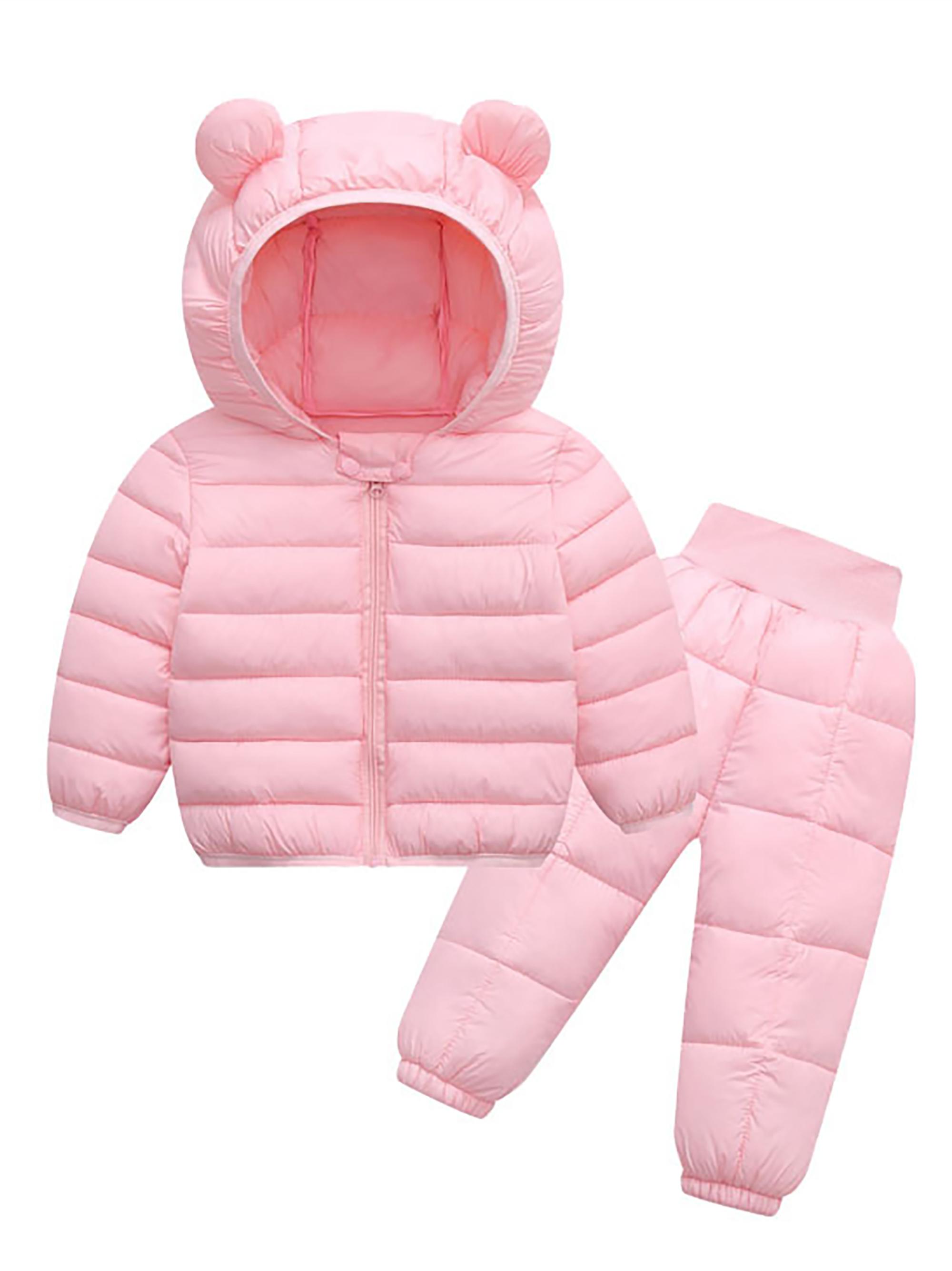 (New)2pcs ' European/American Style Winter Ski Suit Set - Boys & Girls Bear Ear Hooded Jacket & Pants with Coat & Matching Snow Pants, Thickened for Skiing, Ice Skating, Outdoor Play (Pink, Hand Washable), Perfect for Outdoor