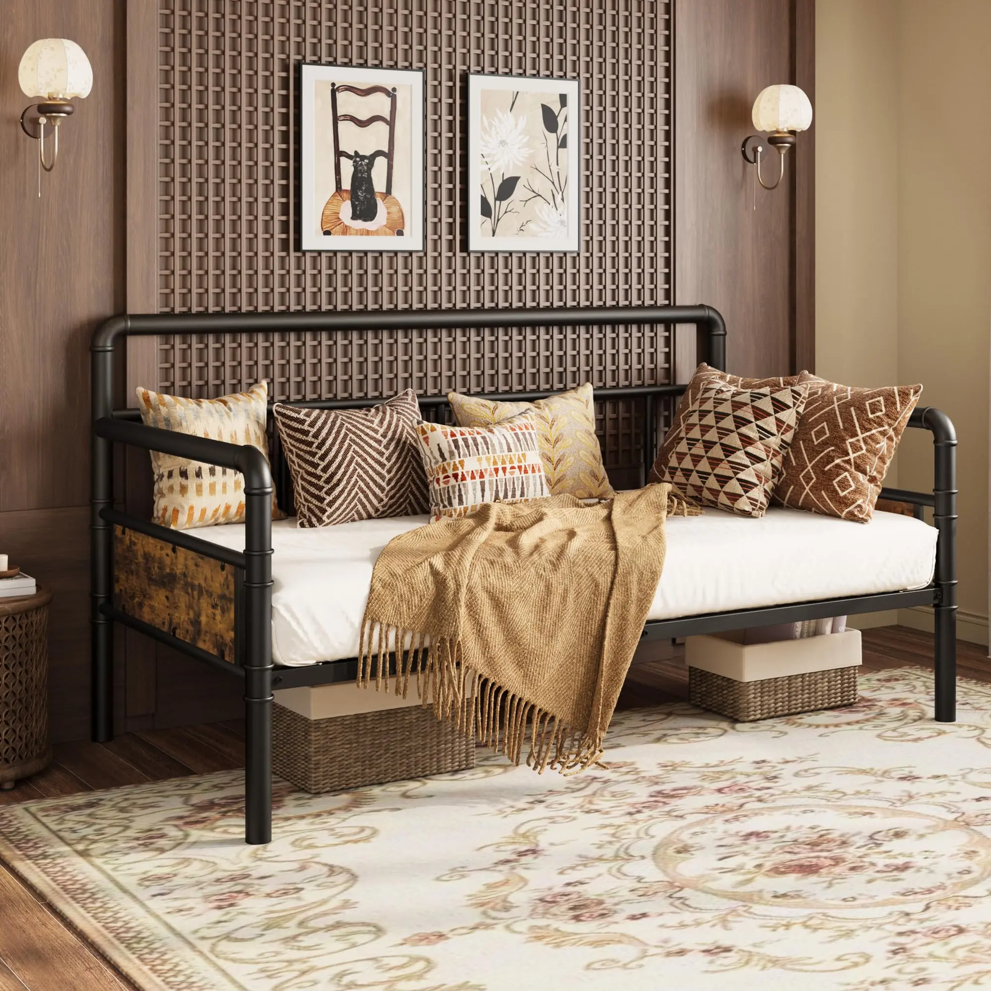 Black Industrial Heavy-Duty Textured Steel Twin Daybed Frame with Classic Headboard & Armrest - 2-in-1 Functionality Sofa Bed, Silent Slats, 450 lbs Capacity, 78.2 x 41.6 x 41.5 in, No Box Spring Needed, Easy Assembly, Stable, for Bedroom, Living Room