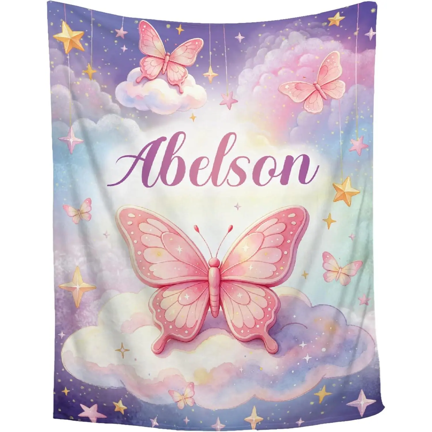 Customized Wrinkle-Resistant Flannel Throw Blanket - 30x40 in, Personalized Name, Watercolor Blush Pink Butterfly, Cloud & Moon Design, Soft Cozy Warm, Modern Multi-Size, Toddlers/Infant Shower Gift, Nursery Decor